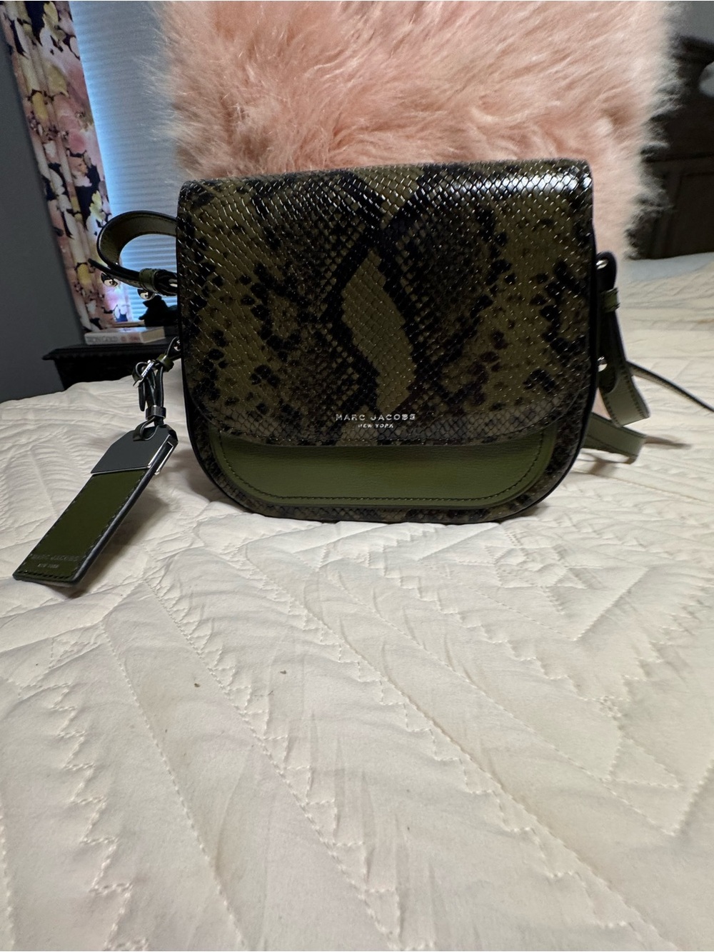 Marc Jacobs Olive and Black Snake-Embossed Crossbody Bag